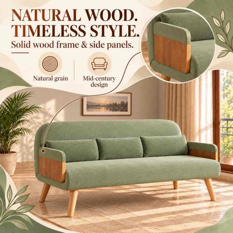 Green 3-Seater Solid Wood Daybed, Full Sofa Bed, Folding Adjustable Sleeper Lounge Chair - Solid Wood Base (Without Side Tray)
