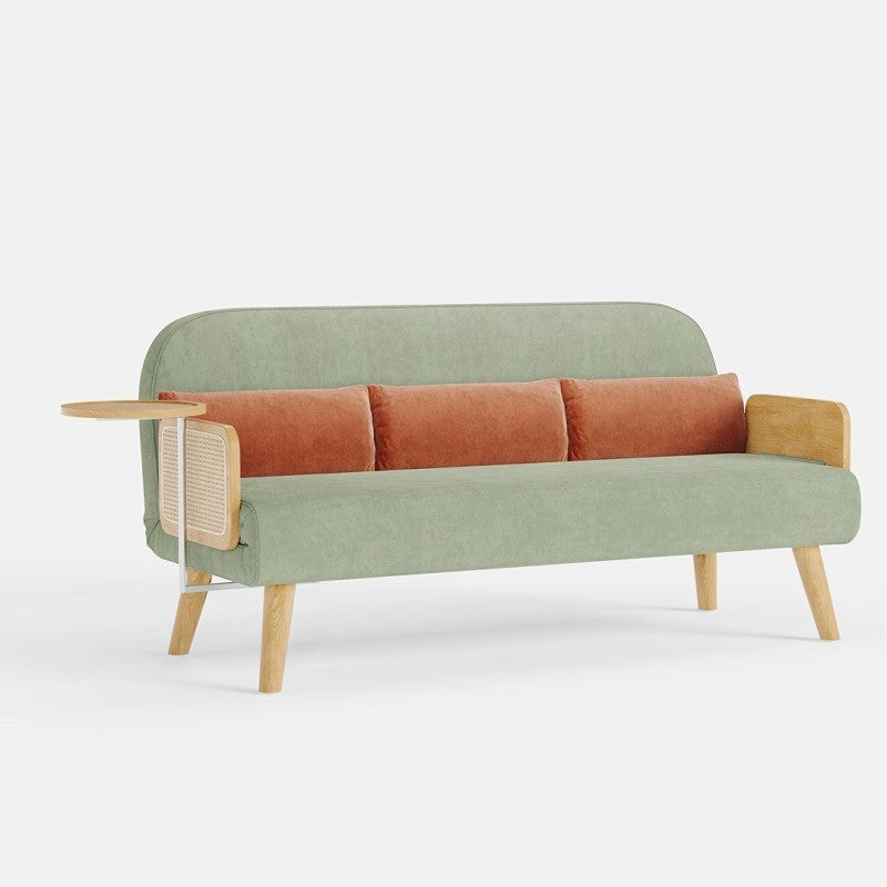 Mid-Century Green Modern Rattan Daybed Full Sofa Cum Bed, 3-Seater Folding & Adjustable Sleeper Longue Chair with Side Tray