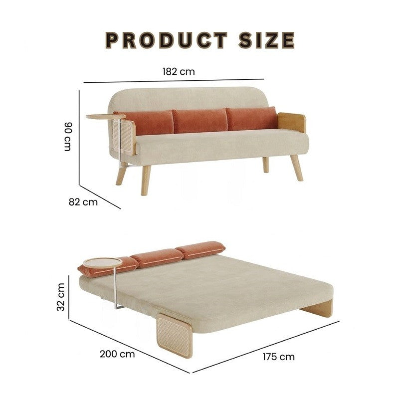 Mid-Century Beige Modern Rattan Daybed Full Folding Sofa Cum Bed, 3-Seater Convertible Sleeper Lounge Chair with Wooden Side Tray