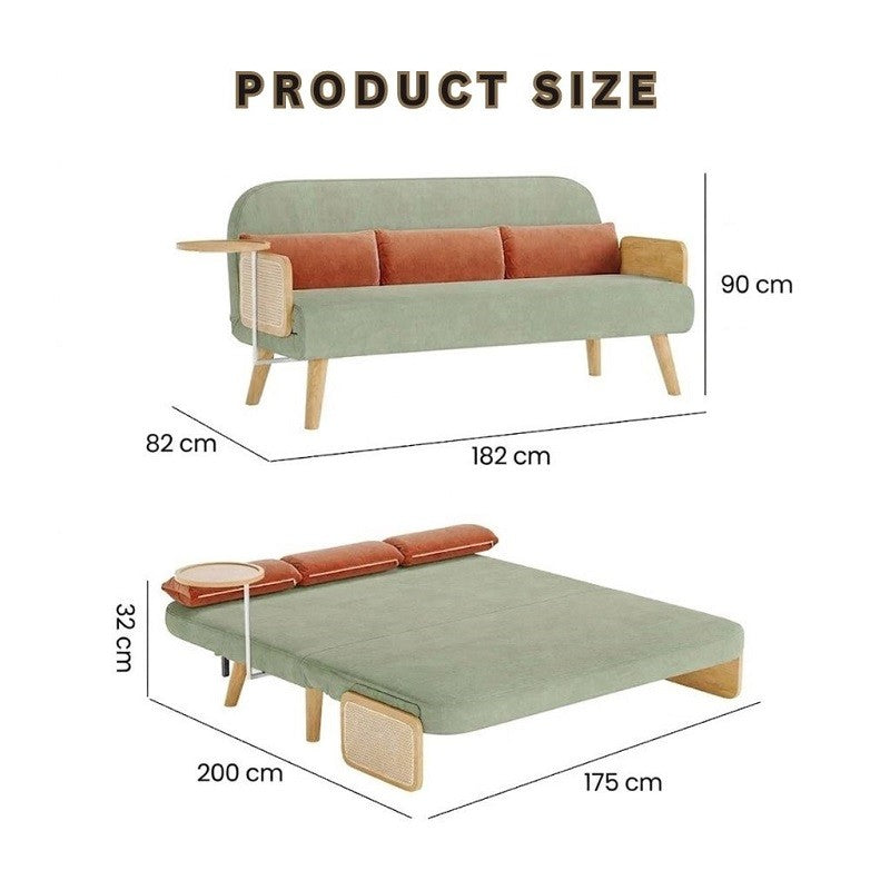 Mid-Century Green Modern Rattan Daybed Full Sofa Cum Bed, 3-Seater Folding & Adjustable Sleeper Longue Chair with Side Tray