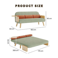 Mid-Century Green Modern Rattan Daybed Full Sofa Cum Bed, 3-Seater Folding & Adjustable Sleeper Longue Chair with Side Tray