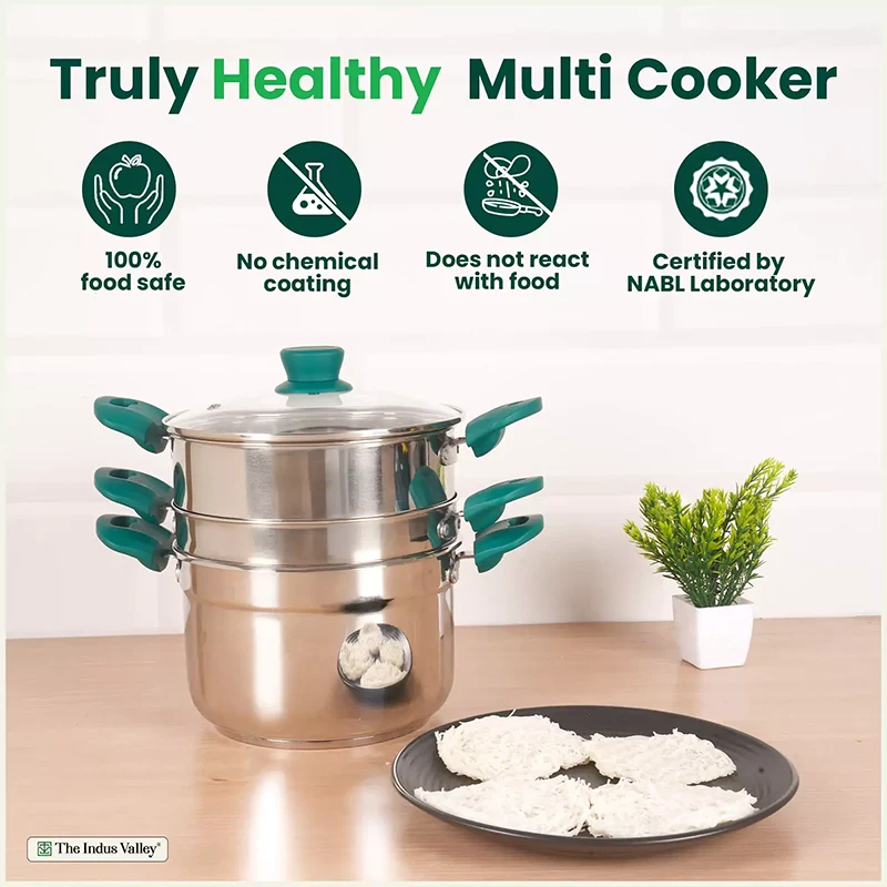 Tri-steel Multi Cooker Pot Premium Stainless Steel Momo Maker/ Idiyappam/ Biryani/  Veg Steaming Set, 3 Pots, 21cm
