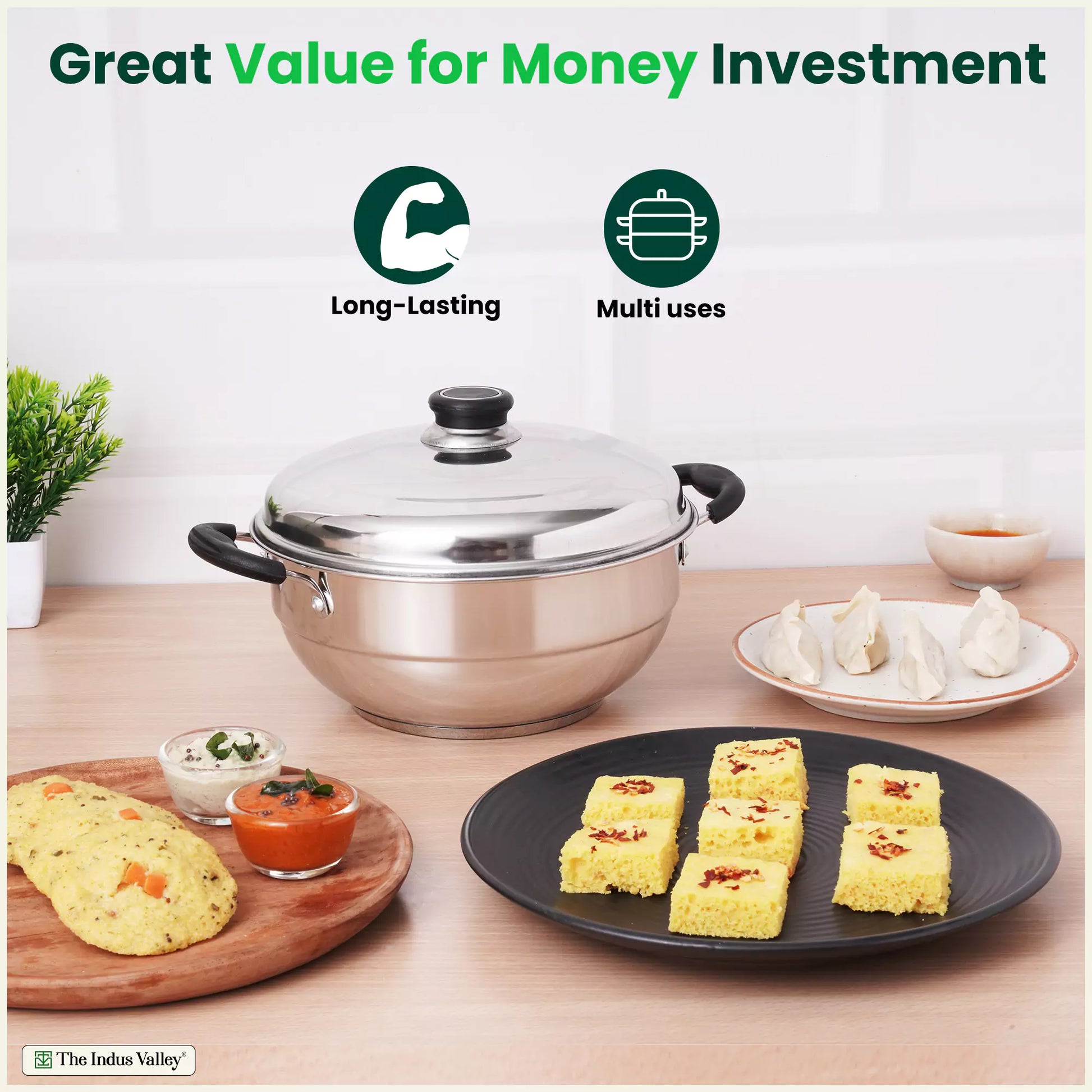 8 Pit Tri-Steel Multi Pot Premium Stainless Steel Idli/ Dhokla/ Momo Maker/ Veg Steaming Set, Tri-ply Induction Bottom, 5 Plates, 3L