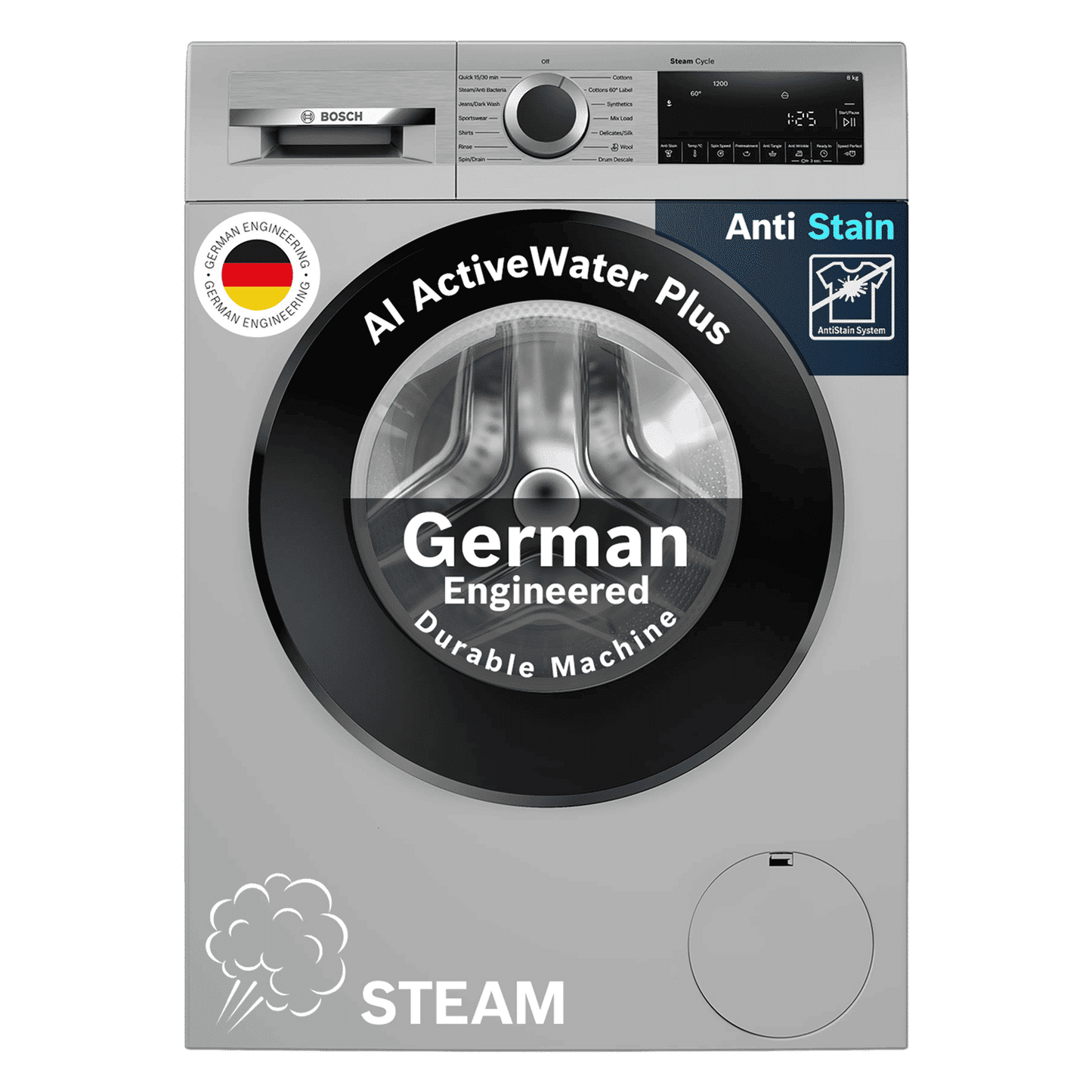 BOSCH 8 kg Fully Automatic Front Load Washing Machine (Series 6, WGA1320SIN, Auto Stain Removal, Silver)