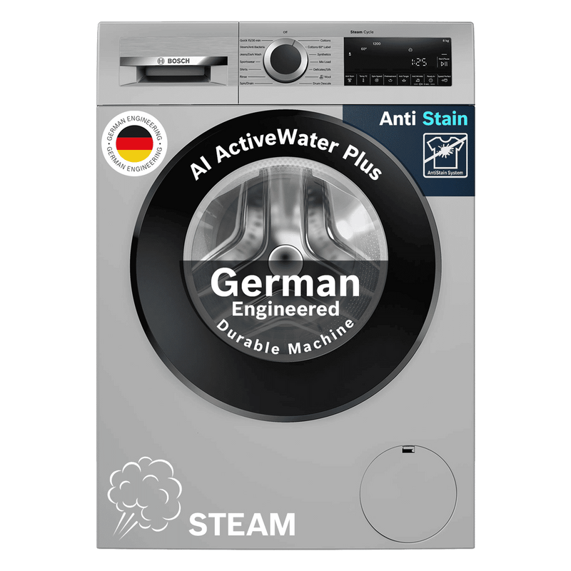BOSCH 8 kg Fully Automatic Front Load Washing Machine (Series 6, WGA1320SIN, Auto Stain Removal, Silver)
