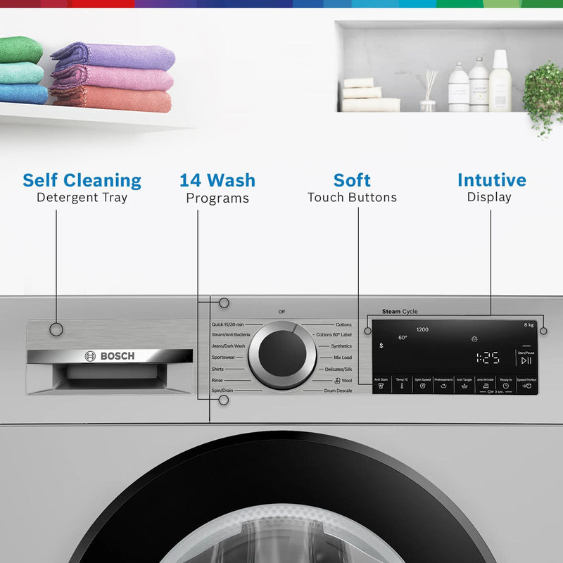 BOSCH 8 kg Fully Automatic Front Load Washing Machine (Series 6, WGA1320SIN, Auto Stain Removal, Silver)