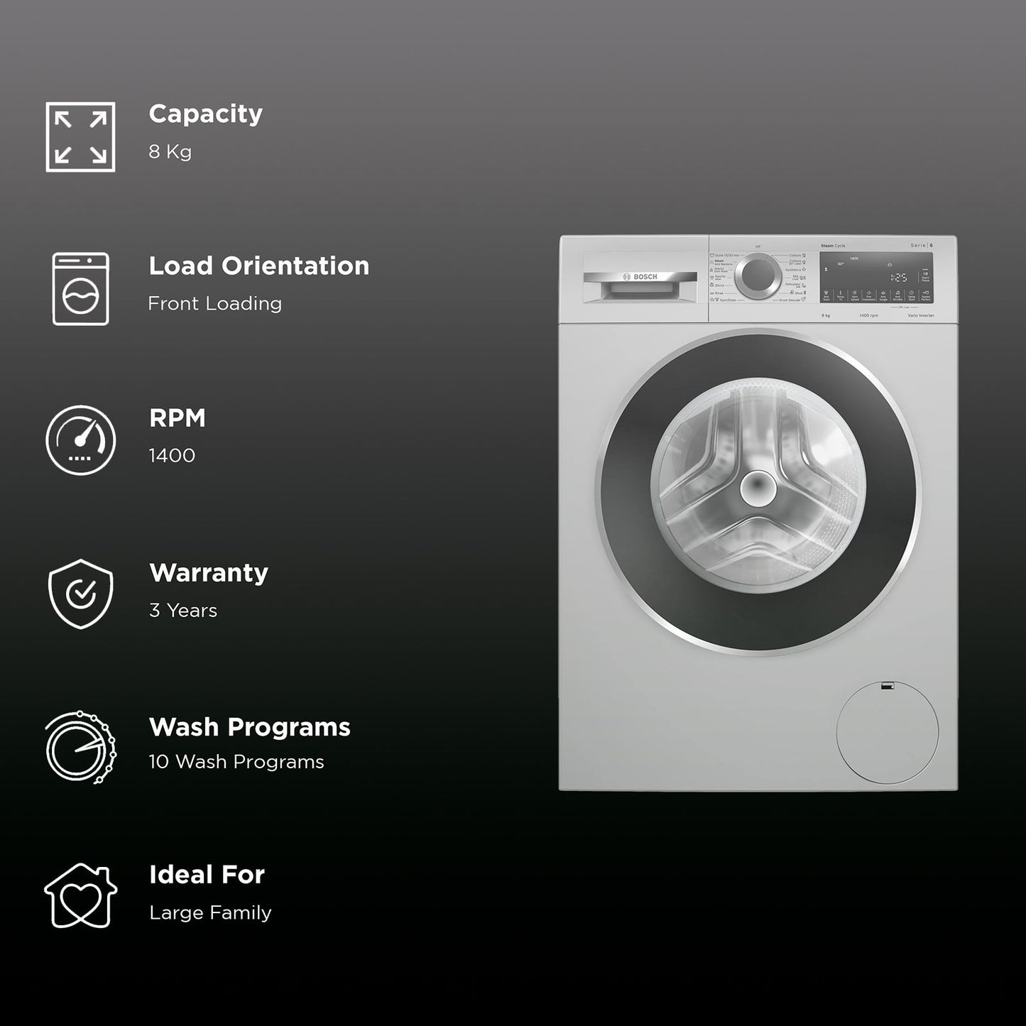 BOSCH 8 kg Fully Automatic Front Load Washing Machine (Series 6, WGA2341SIN, Auto Stain Removal, Silver)