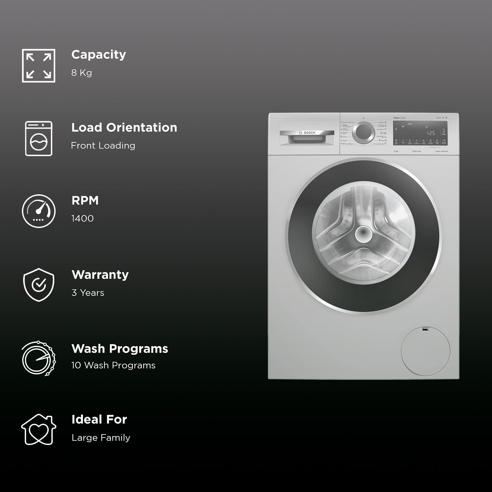 BOSCH 8 kg Fully Automatic Front Load Washing Machine (Series 6, WGA2341SIN, Auto Stain Removal, Silver)