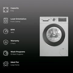 BOSCH 8 kg Fully Automatic Front Load Washing Machine (Series 6, WGA2341SIN, Auto Stain Removal, Silver)