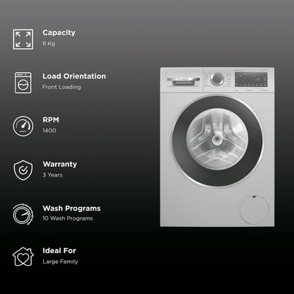 BOSCH 8 kg Fully Automatic Front Load Washing Machine (Series 6, WGA2341SIN, Auto Stain Removal, Silver)