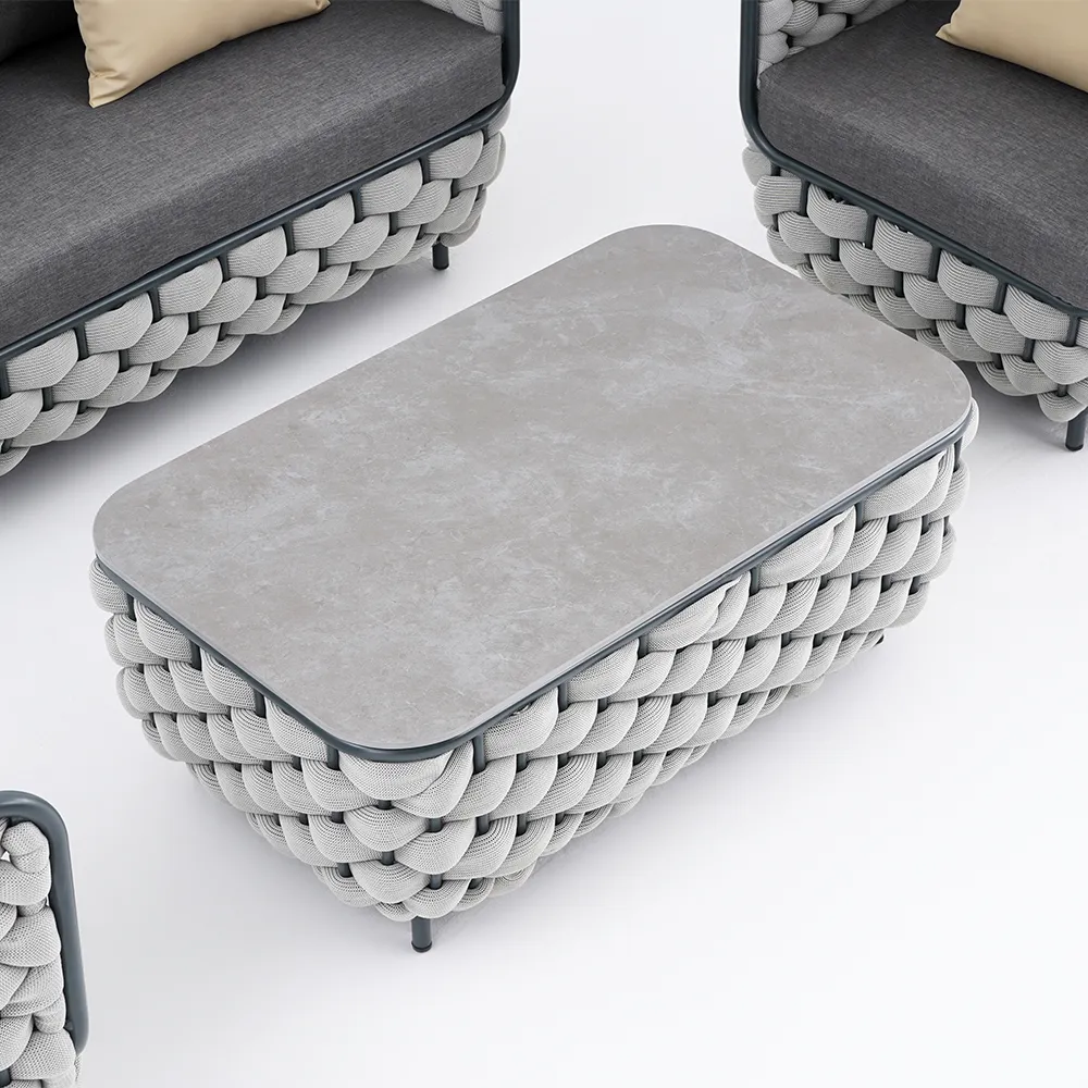 Fepel Outdoor Garden Balcony Sofa Set 2 Seater, 2 Single seater and 1 Center Table Set, Braid & Rope (Grey)