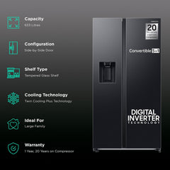 SAMSUNG 633 Litres 3 Star Frost Free Side by Side Door Smart Wi-Fi Enabled Refrigerator with Twin Cooling Plus (RS78CG8543B1HL, Black Matt)