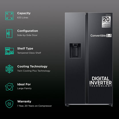 SAMSUNG 633 Litres 3 Star Frost Free Side by Side Door Smart Wi-Fi Enabled Refrigerator with Twin Cooling Plus (RS78CG8543B1HL, Black Matt)