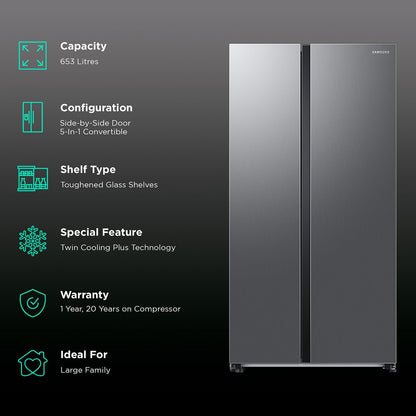 SAMSUNG 653 Litres 3 Star Frost Free Side by Side Refrigerator with Twin Cooling Plus Technology (RS76CG8003S9HL, Refined Inox)