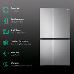 LG 650 Litres 3 Star Frost Free Side by Side Refrigerator with Door Cooling Plus Technology (GLB257EPZ3, Shiny Steel)