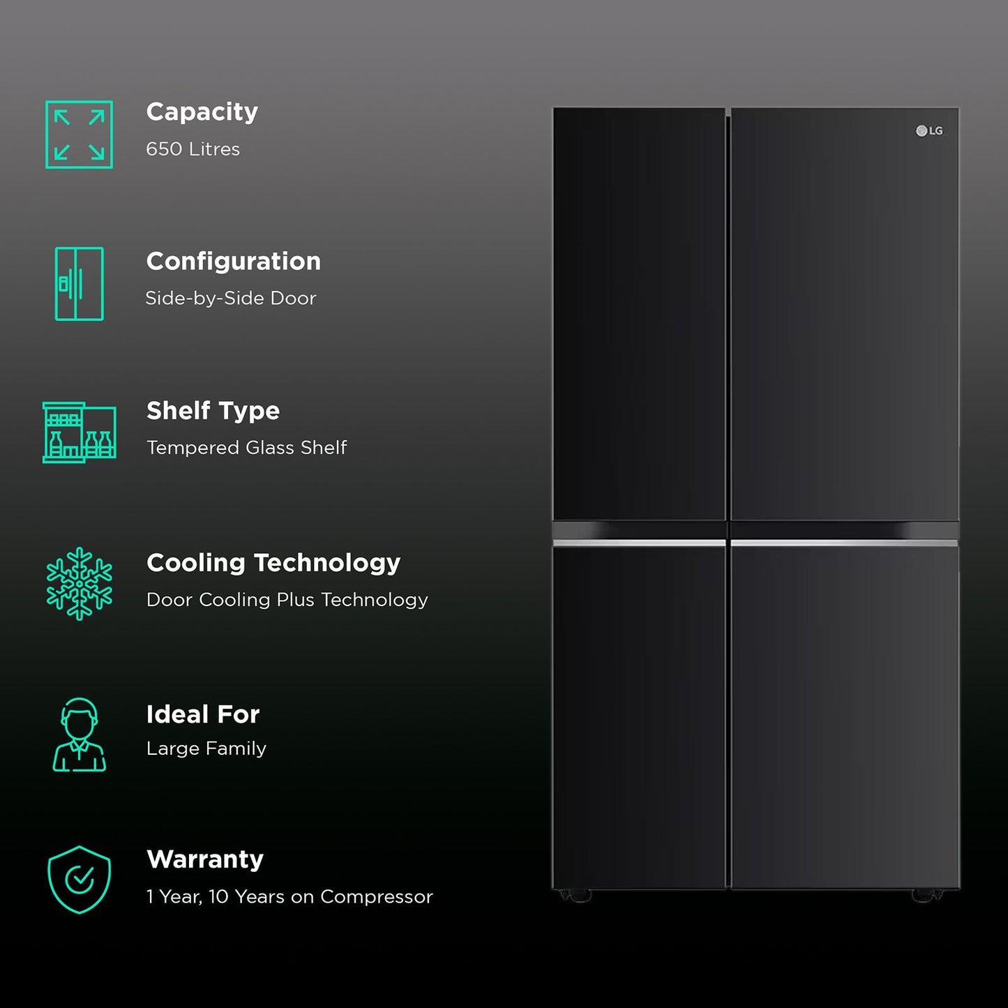 LG 650 Litres 3 Star Frost Free Side by Side Refrigerator with Door Cooling Plus Technology (GLB257EES3, Ebony Sheen)