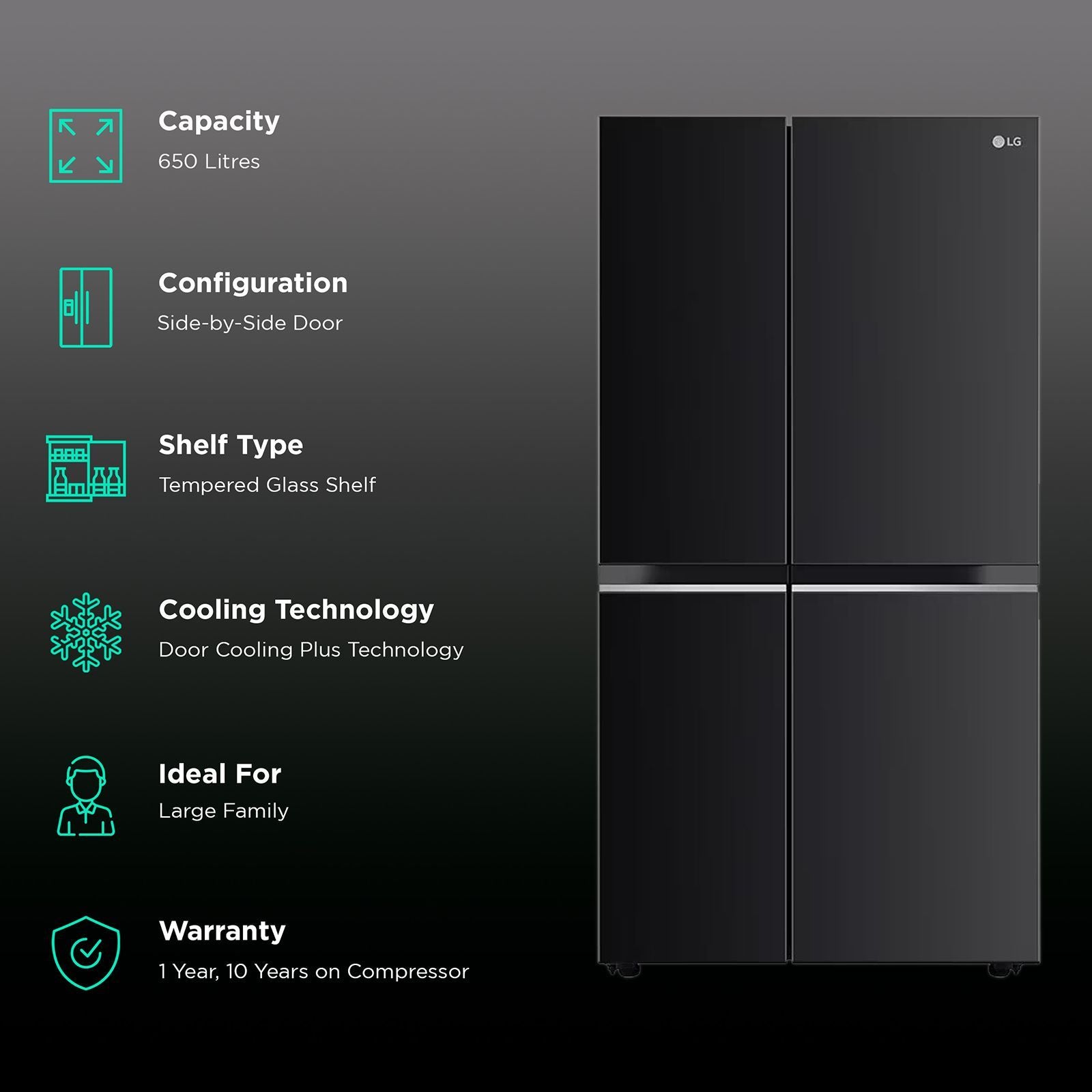 LG 650 Litres 3 Star Frost Free Side by Side Refrigerator with Door Cooling Plus Technology (GLB257EES3, Ebony Sheen)