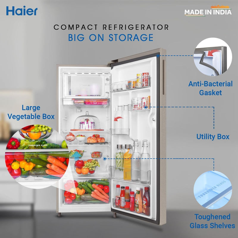 Haier 215 Litres 3 Star Direct Cool Single Door Refrigerator with Stabilizer Free Operation (HED223TSP, Inox Steel)