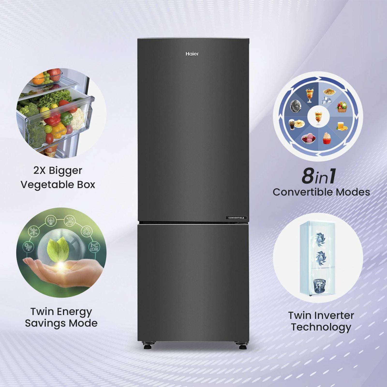 Haier 237 Litres 3 Star Frost Free Double Door Bottom Mount Convertible Refrigerator with Twin Inverter Technology (HEB243GBP, Black)