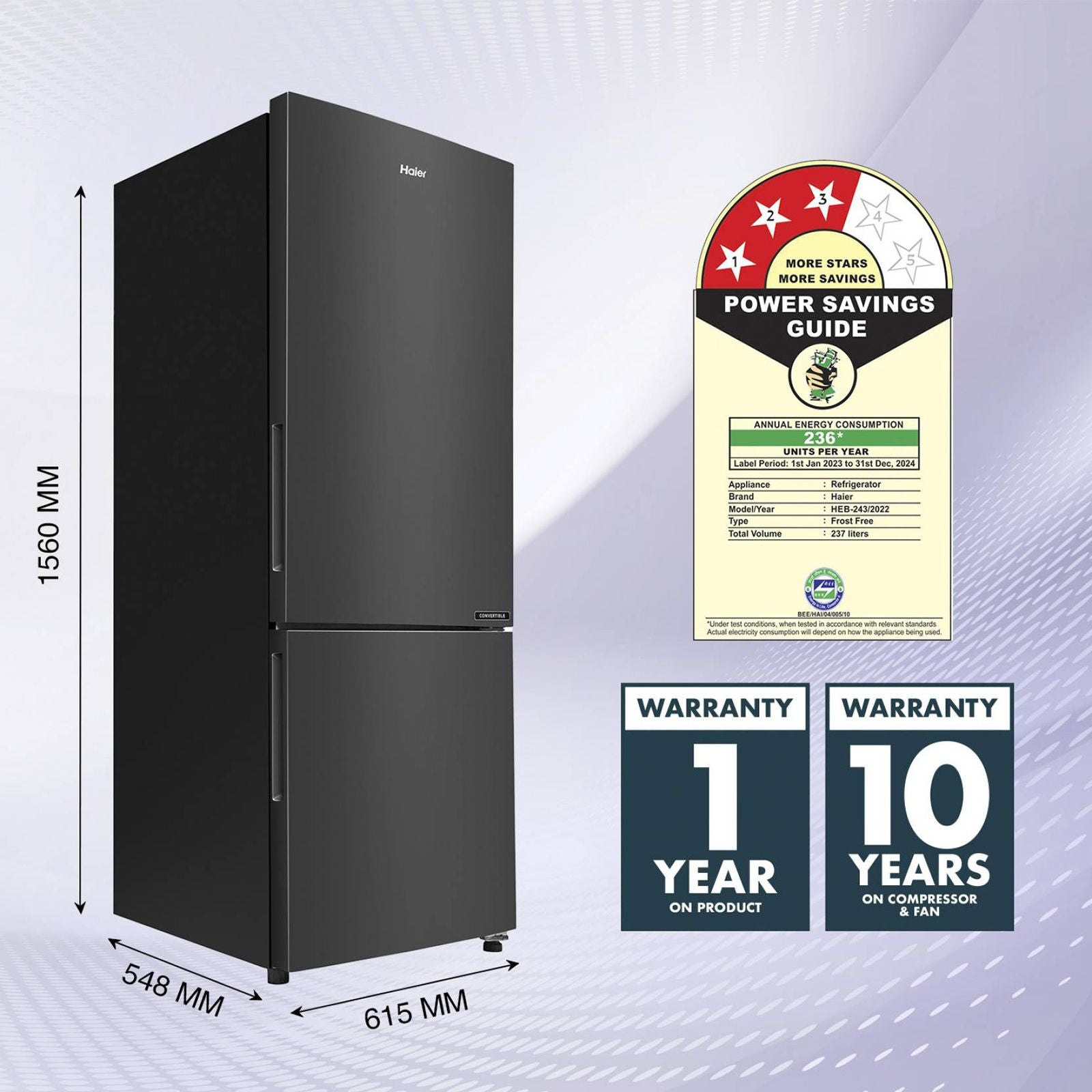 Haier 237 Litres 3 Star Frost Free Double Door Bottom Mount Convertible Refrigerator with Twin Inverter Technology (HEB243GBP, Black)