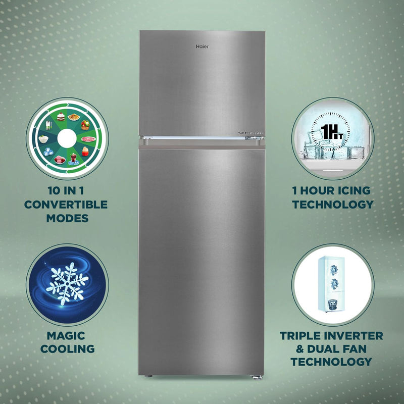 Haier 328 Litres 3 Star Frost Free Double Door Refrigerator with Fan Motor Technology (HEF333TSP, Inox Steel)