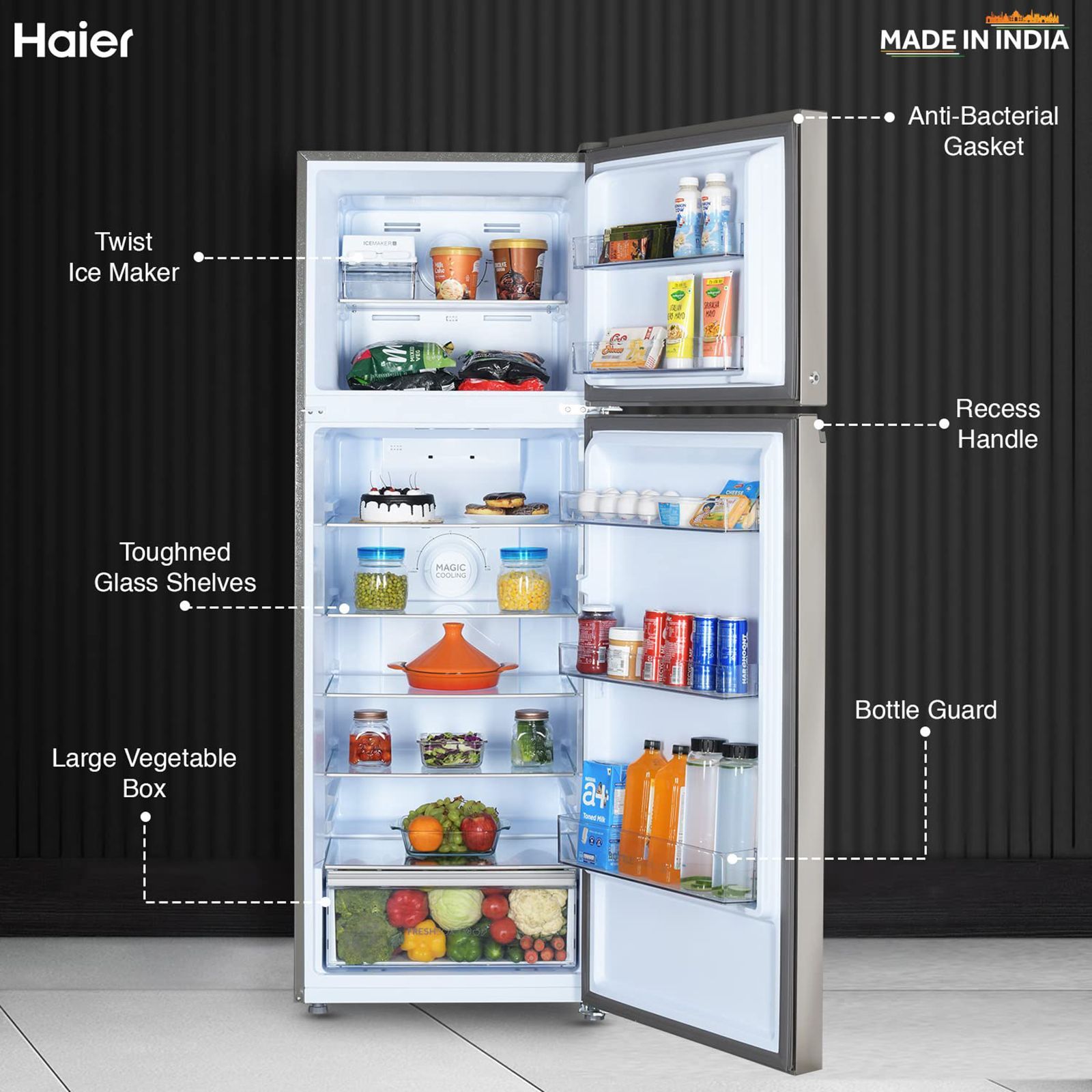 Haier 328 Litres 3 Star Frost Free Double Door Refrigerator with Fan Motor Technology (HEF333TSP, Inox Steel)