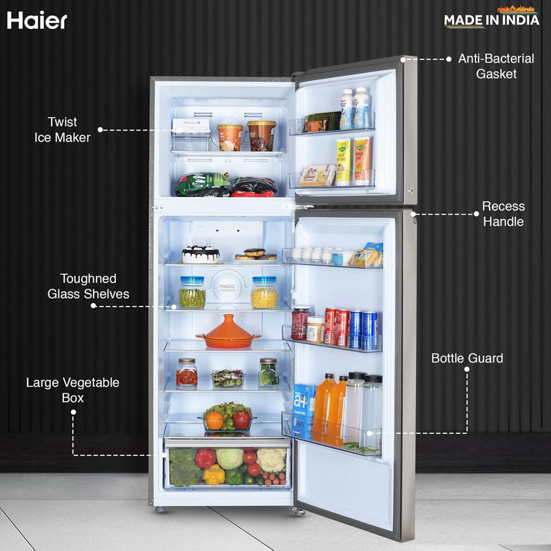 Haier 328 Litres 3 Star Frost Free Double Door Refrigerator with Fan Motor Technology (HEF333TSP, Inox Steel)
