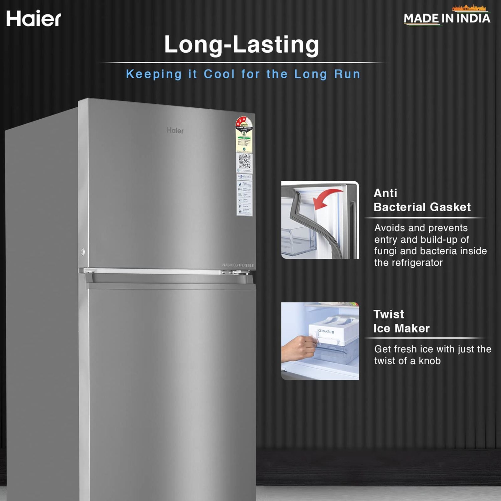 Haier 328 Litres 3 Star Frost Free Double Door Refrigerator with Fan Motor Technology (HEF333TSP, Inox Steel)