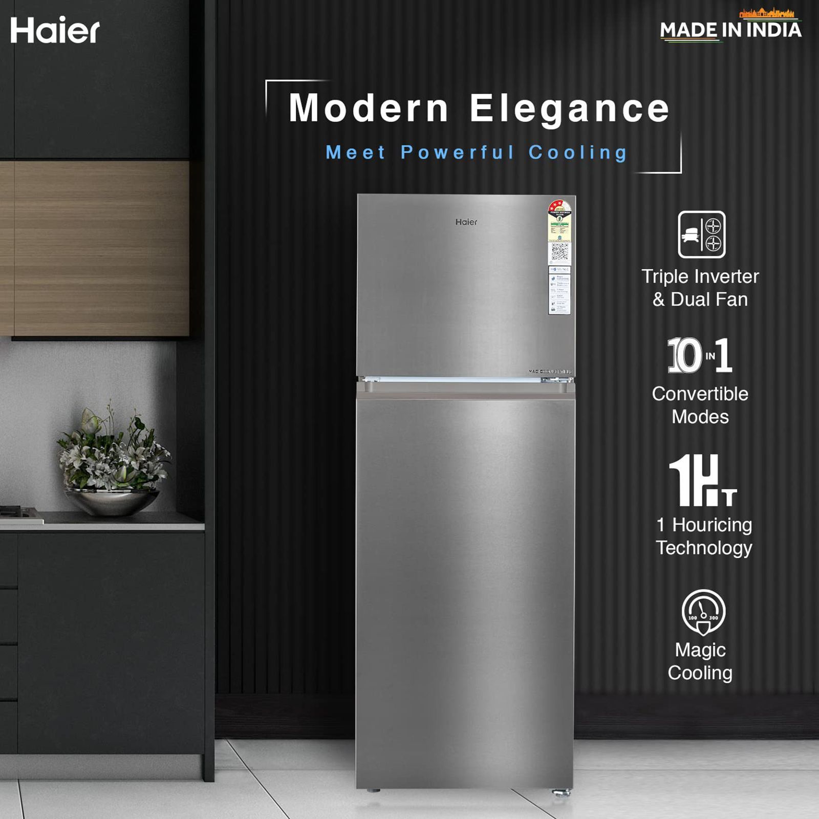 Haier 328 Litres 3 Star Frost Free Double Door Refrigerator with Fan Motor Technology (HEF333TSP, Inox Steel)