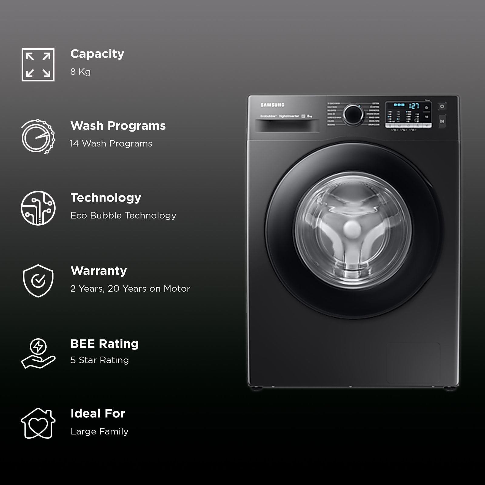 SAMSUNG 8 kg 5 Star Inverter Fully Automatic Front Load Washing Machine (WW80TA046AB1TL, Hygiene Steam, Diamond Drum, Black)