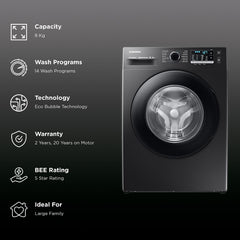 SAMSUNG 8 kg 5 Star Inverter Fully Automatic Front Load Washing Machine (WW80TA046AB1TL, Hygiene Steam, Diamond Drum, Black)