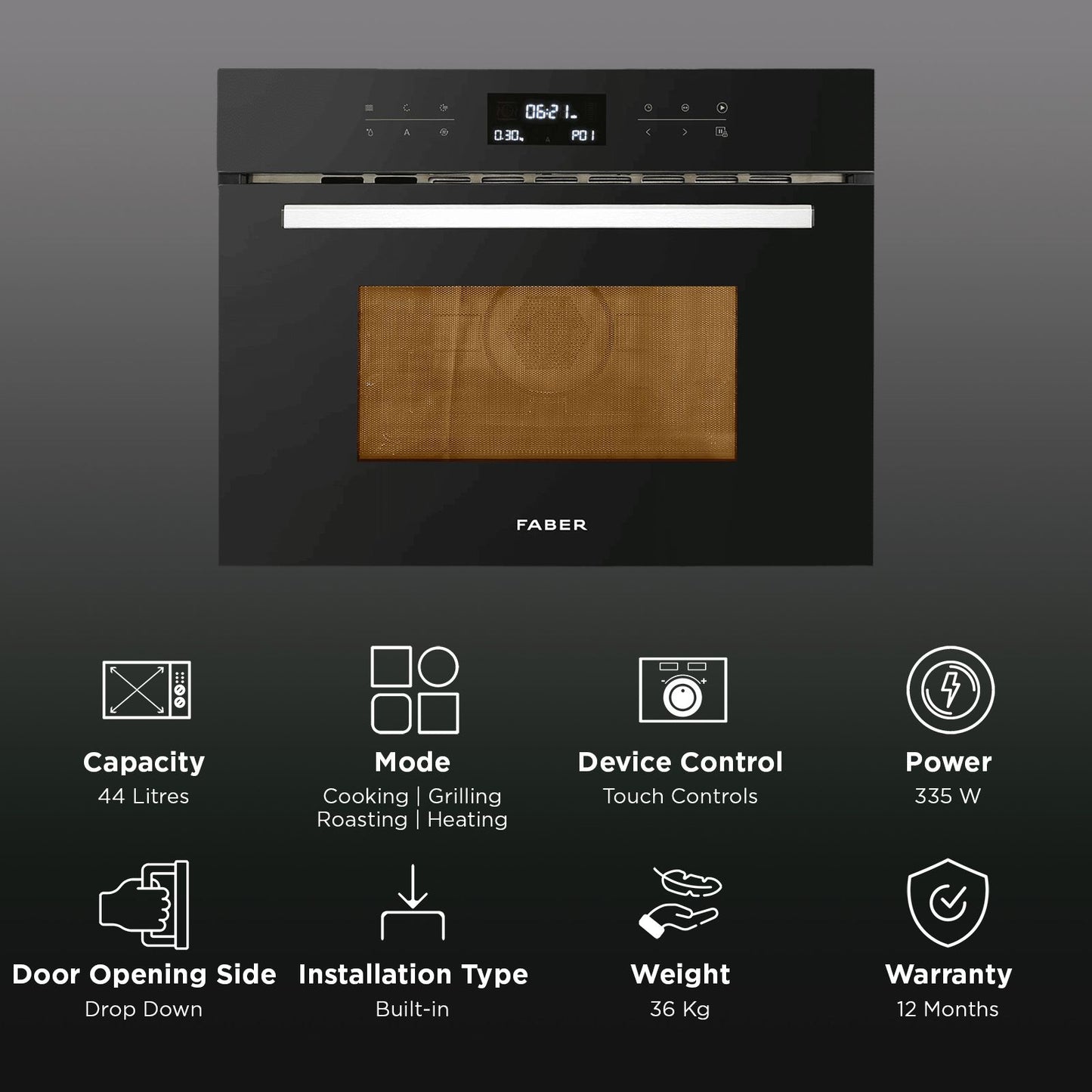 FABER FBIMWO 44L 60cm Built-in Microwave with 13 Autocook Menu (131.0617.250, Black)