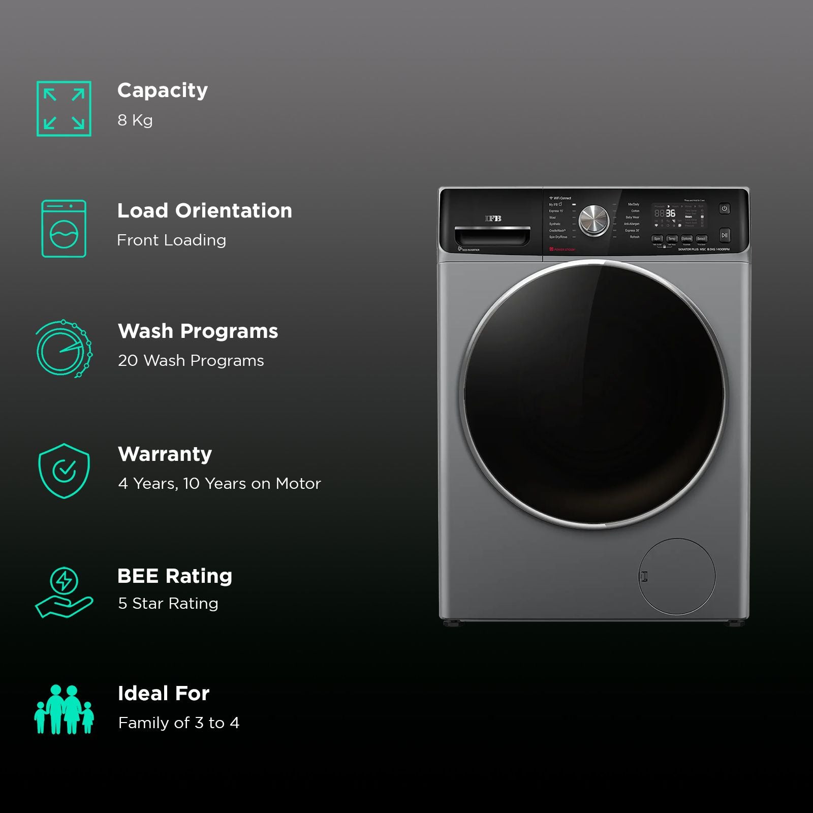 IFB 8 kg 5 Star Inverter Fully Automatic Front Load Washing Machine (Senator Plus MSC 8014, Eco Inverter Motor, Metallic Silver)