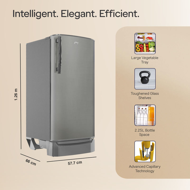 Godrej RD ERIOPLS 183 Litres 3 Star Direct Cool Single Door Refrigerator with Advanced Capillary Technology (RD ERIOPLS 205C, Steel Glow)