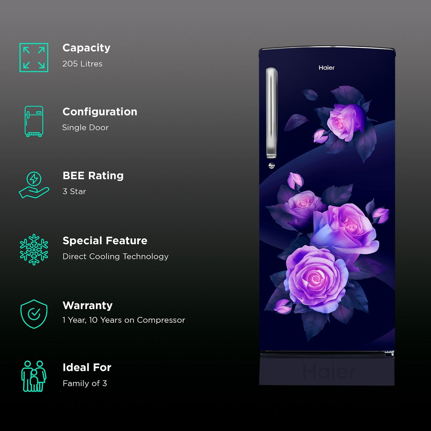 Haier 205 Litres 3 Star Direct Cool Single Door Refrigerator with Stabilizer Free Operation (HRD-2263PMR-N, Marine Rose)