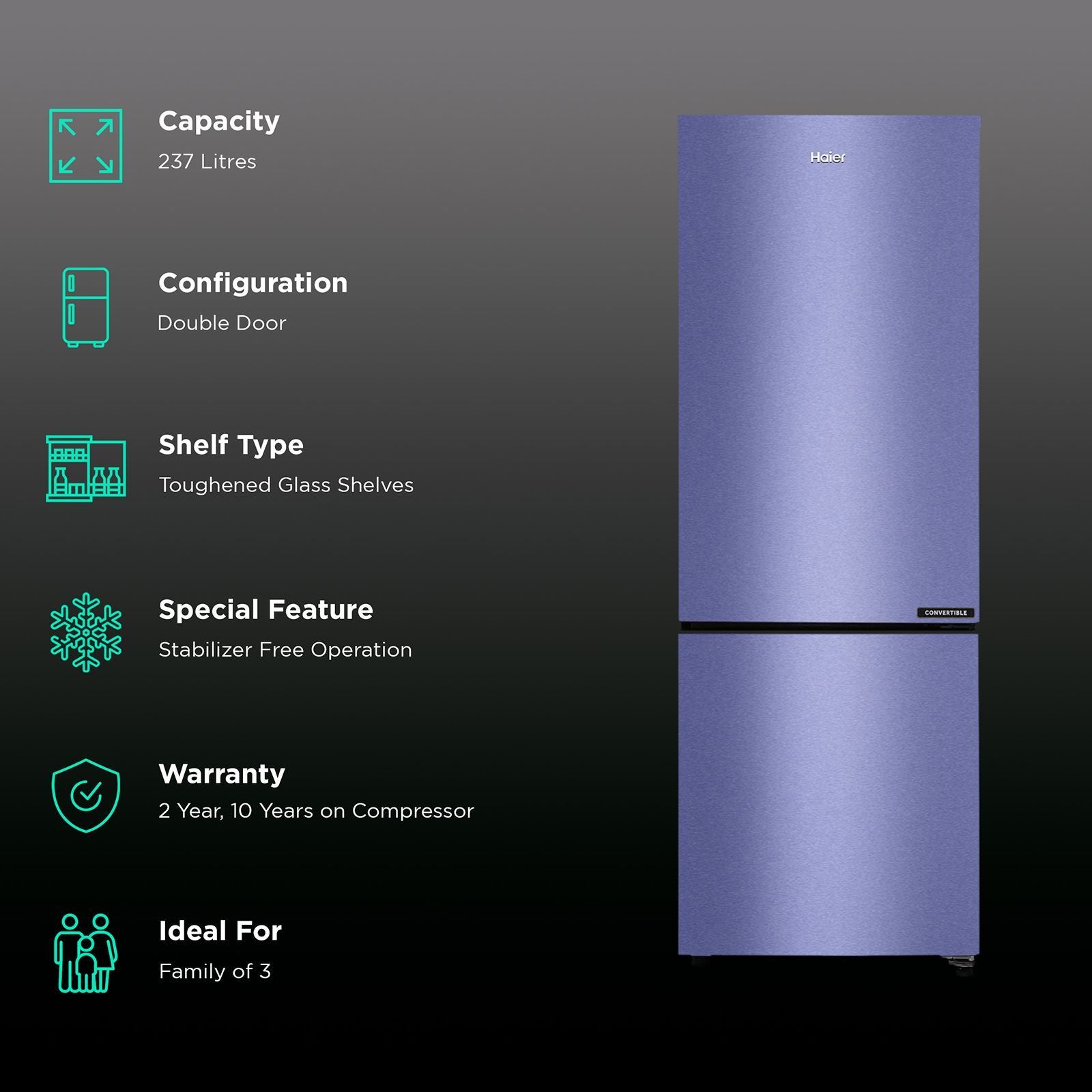 Haier 237 Litres 2 Star Frost Free Double Door Bottom Mount Convertible Refrigerator with Turbo Icing (HRB-2872BSI-P, Storm Inox)