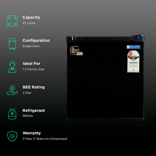 Blue Star Mini Bar 47 Litres 2 Star Direct Cool Single Door Refrigerator with Temperature Control Dial (MR60-GB, Black)