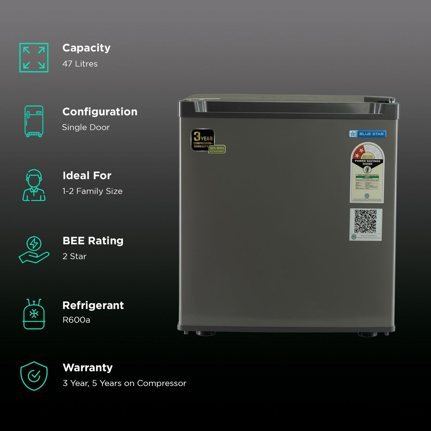 Blue Star Mini Bar 47 Litres 2 Star Direct Cool Single Door Refrigerator with Temperature Control Dial (MR60-GG, Grey)