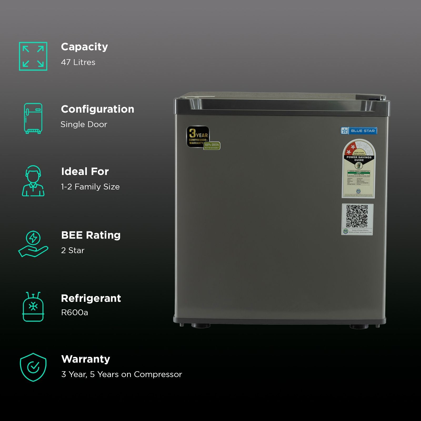 Blue Star Mini Bar 47 Litres 2 Star Direct Cool Single Door Refrigerator with Temperature Control Dial (MR60-GG, Grey)