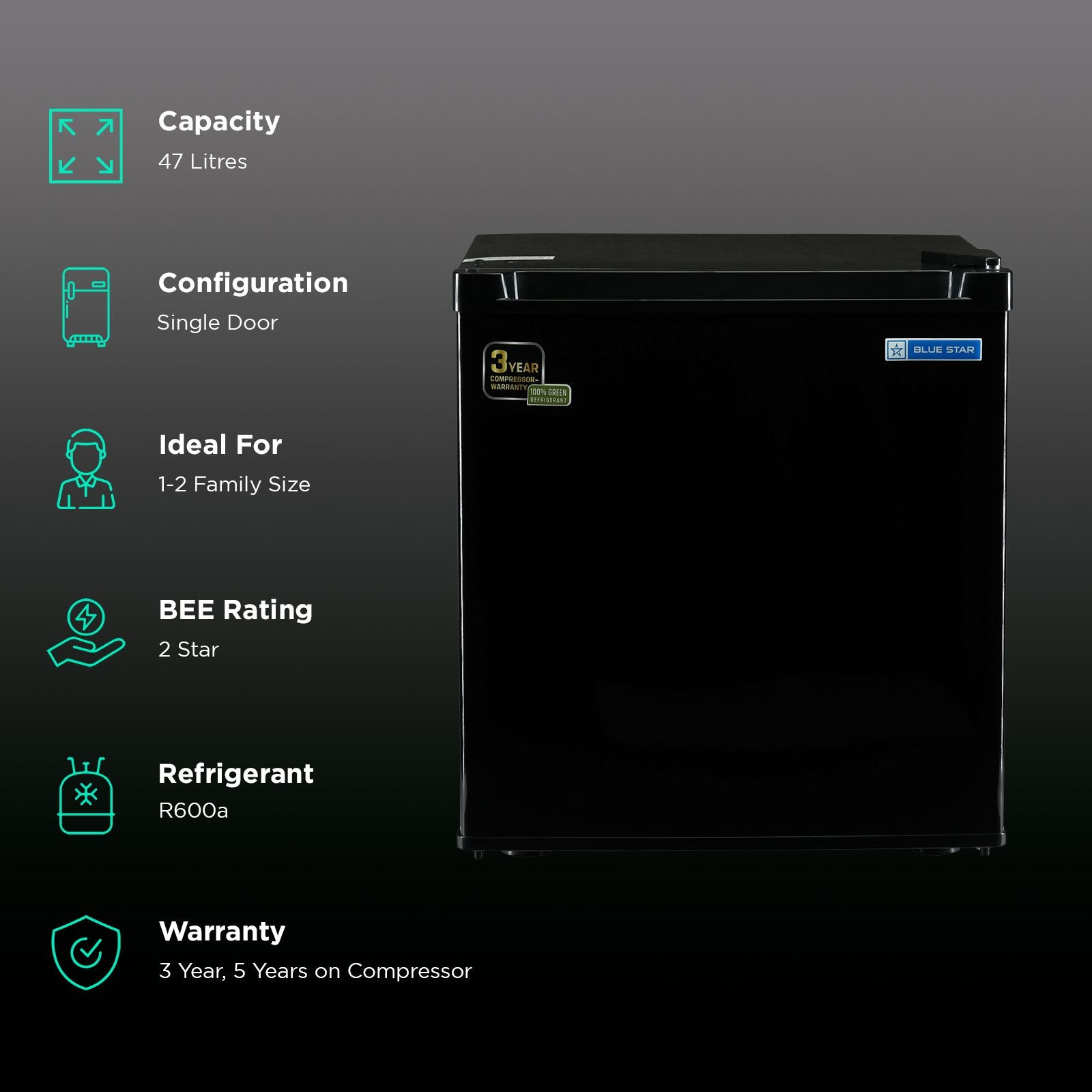 Blue Star Mini Bar 47 Litres 2 Star Direct Cool Single Door Refrigerator with Temperature Control Dial (MR70-GB, Black)