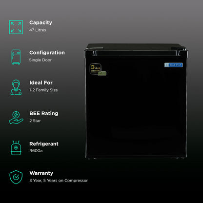 Blue Star Mini Bar 47 Litres 2 Star Direct Cool Single Door Refrigerator with Temperature Control Dial (MR70-GB, Black)