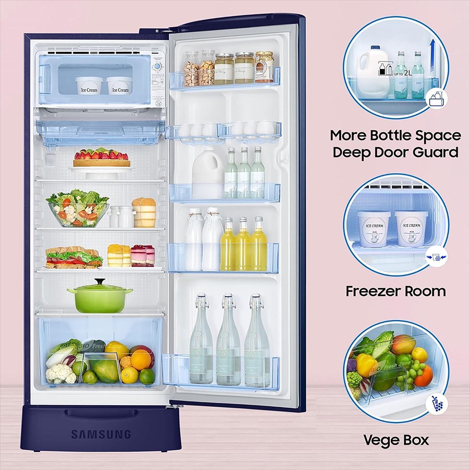 SAMSUNG Stylish Grande 223 Litres3 Star Direct Cool Single Door Refrigerator with Anti Bacterial Gasket (RR24D2Z23CU/NL, Camellia Blue)