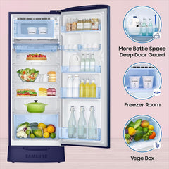 SAMSUNG Stylish Grande 223 Litres3 Star Direct Cool Single Door Refrigerator with Anti Bacterial Gasket (RR24D2Z23CU/NL, Camellia Blue)