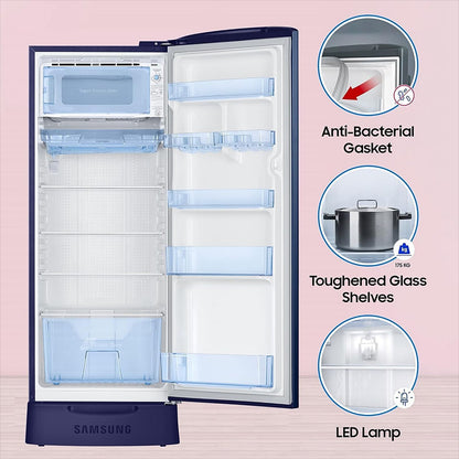 SAMSUNG Stylish Grande 223 Litres3 Star Direct Cool Single Door Refrigerator with Anti Bacterial Gasket (RR24D2Z23CU/NL, Camellia Blue)