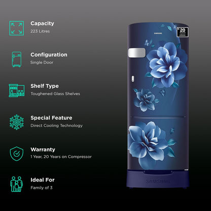 SAMSUNG Stylish Grande 223 Litres3 Star Direct Cool Single Door Refrigerator with Anti Bacterial Gasket (RR24D2Z23CU/NL, Camellia Blue)