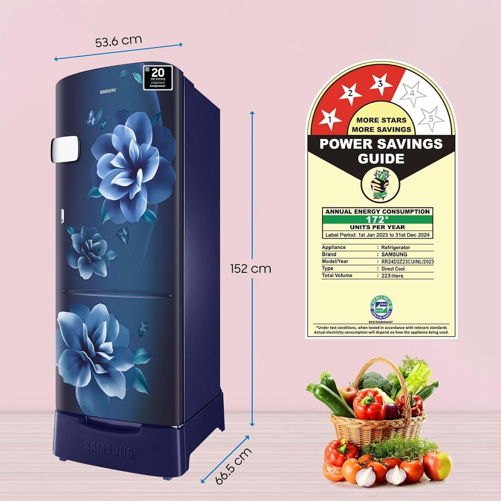SAMSUNG Stylish Grande 223 Litres3 Star Direct Cool Single Door Refrigerator with Anti Bacterial Gasket (RR24D2Z23CU/NL, Camellia Blue)