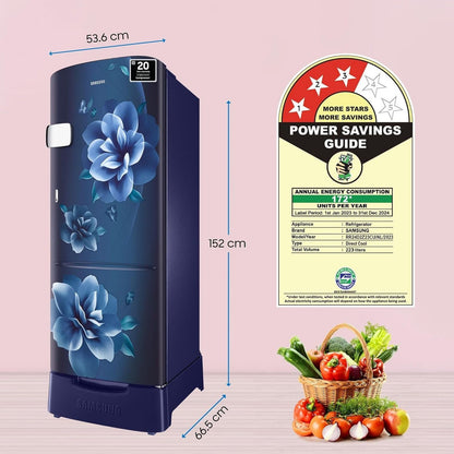 SAMSUNG Stylish Grande 223 Litres3 Star Direct Cool Single Door Refrigerator with Anti Bacterial Gasket (RR24D2Z23CU/NL, Camellia Blue)