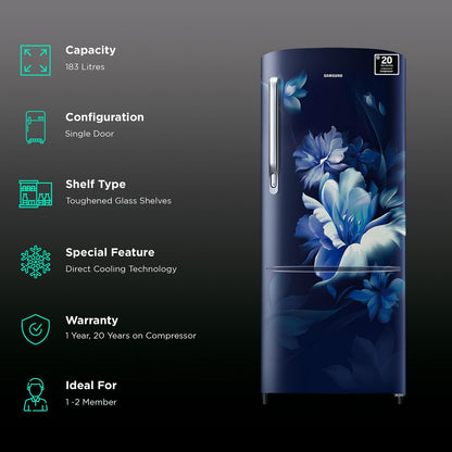 SAMSUNG Stylish Grande 183 Litres 5 Star Direct Cool Single Door Refrigerator with Anti Bacterial Gasket (RR20D2725UZ/NL, Midnight Blossom Blue)