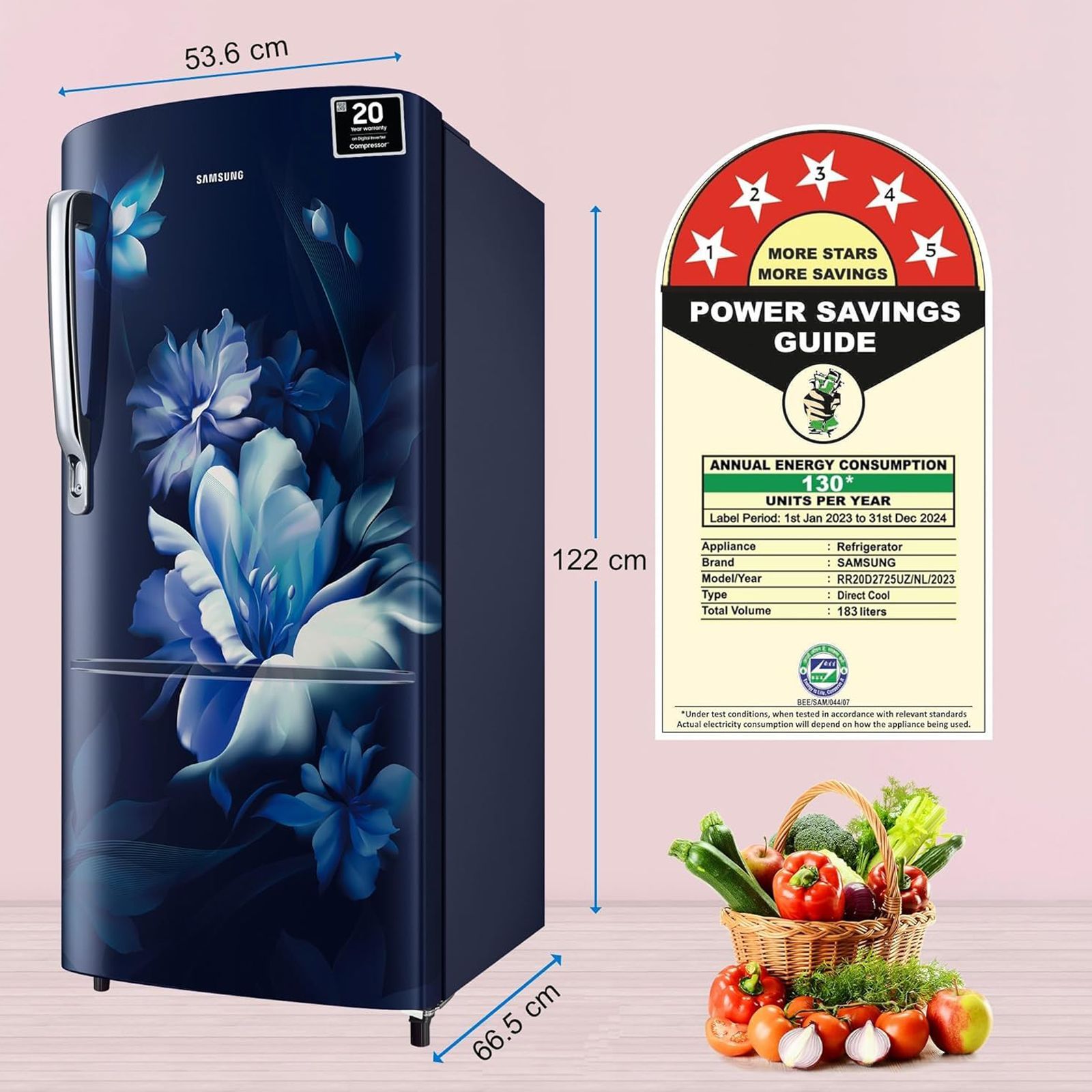 SAMSUNG Stylish Grande 183 Litres 5 Star Direct Cool Single Door Refrigerator with Anti Bacterial Gasket (RR20D2725UZ/NL, Midnight Blossom Blue)