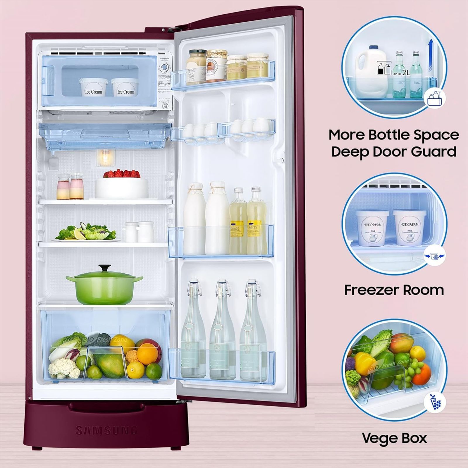 SAMSUNG Stylish Grande 183 Litres 5 Star Direct Cool Single Door Refrigerator with Anti Bacterial Gasket (RR20D2825HN/NL, Himalaya Poppy Red)